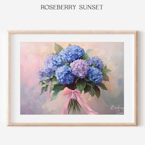 Blue Hydrangea Coquette Bow Painting Art Print | Vintage Floral Pink Bow Hydrangea Trendy Coquette Flower Printable Art JPG Digital Download