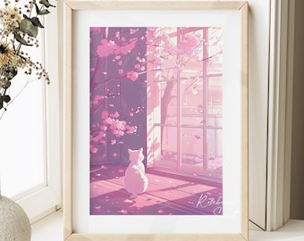 Weiße Katze Sakura Baum Kunstdruck: Kirschblüten Katze Japanisches Anime Poster (Digitaler Download)