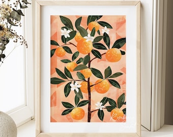 Orange Citrus Fruit Art Print: Boho Botanical Clementine Fruit Market Painting (Digital Download)