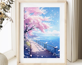 Coastal Sakura Tree Art Print: Cherry Blossoms Spring Seascape Japanese Anime Poster (Digital Download)