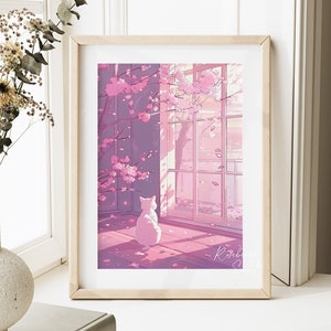 White Cat Sakura Tree Anime Style Pink Art Print | Cherry Blossoms Sakura Tree Japanese House Cat Printable Wall Art JPG Digital Download