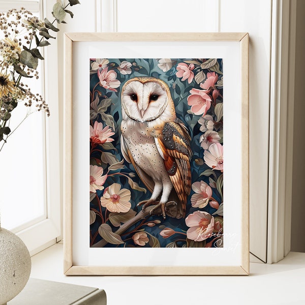 Pink Floral Owl Wildlife Painting Art Print | Floral Woodland Owl Illustration Enchanted Forest Owl Printable Wall Art JPG Digital Download