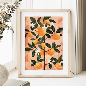 Orange Art Print | Boho Botanical Citrus Fruit Wall Art | Clementine Art Orange Fruit Market Boho Orange Printable Art JPG Digital Download