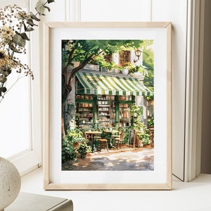 May include: A digital illustration of a green and white striped awning over a cafe with tables and chairs outside. The cafe is surrounded by lush green foliage and the sun is shining.
