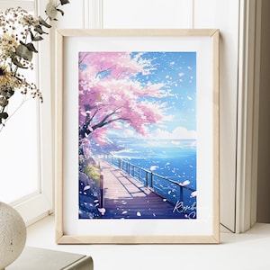Coastal Sakura Tree Anime Style Spring Seascape Art Print | Sakura Cherry Blossoms Japanese Landscape Printable Art JPG Digital Download