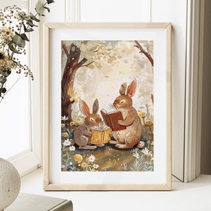 Impression d'art peinture style dessin animé lapins mignons | Livre pour enfants Lapins de lecture Art imprimable JPG en téléchargement numérique