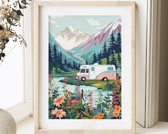 Camper Van Travel Art Print: Retro Road Trip Wildflower River Camping Poster (Digital Download)