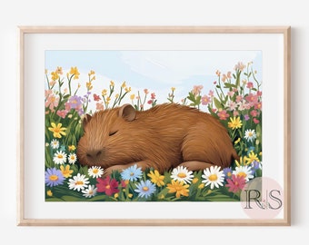 Slapende baby capibara wilde bloemenkunstdruk: schilderij madeliefje bloemenveld dierenkwekerij (digitale download)