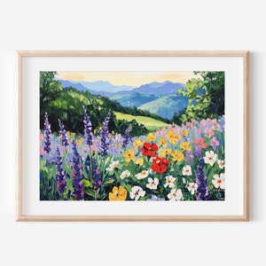 Spring Summer Mountain Wildflower Painting Art Print | Spring Bright Floral Mountain Wildflower Landscape Printable Art JPG Digital Download