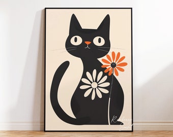 Black Cat Floral Art Print: Daisy Flower Boho Botanical Minimalist Cat Poster (Digital Download)