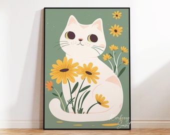 Cute White Cat Yellow Daisies Painting Boho Art Print | Daisy Flower Cat Boho Botanical Cat Poster Printable Wall Art JPG Digital Download