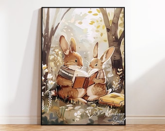 Bunnies Reading Corner Art Print: Children's Book Rabbits Reading Buddies Painting (Digital Download)