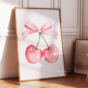 Impresión artística de cerezas con lazo rosa: cerezas de moda, acuarela rosa coqueta (descarga digital)