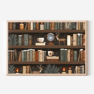Vintage Weihnachts Bücherregal Gemälde Kunstdruck | Weihnachtsbuchladen Poster Buchliebhaber Vintage Buchecke druckbare Kunst JPG Digital Download