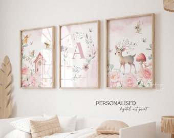 Personalisierter Feengarten Kunstdruck Set: Rosa Blumen Waldfee Kinderzimmer Aquarell (Digitaler Download)