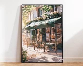 May include: A digital illustration of a Parisian cafe with a green awning, tables and chairs outside, and a leafy tree overhead. The cafe is called "Roseberry Sunset".