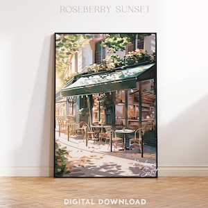 Vintage Coffee Shop French Cafe Painting Art Print | Cozy Coffee Shop Spring Corner Shop Coffee Poster