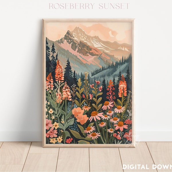 Orange Pink Daisy Mountain Wildflower Landscape Art Print | Sunset Tones Mountain Pink Orange Flower Printable Art JPG Digital Download