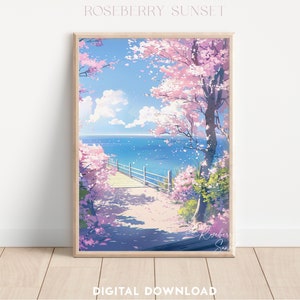 Coastal Sakura Tree Anime Style Spring Seascape Art Print | Sakura Cherry Blossoms Japanese Landscape Printable Art JPG Digital Download