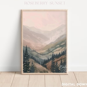 May include: A digital art print of a mountain landscape with a pink and purple sunset. The mountains are covered in trees and fog. The text "Roseberry Sunset" is in the top left corner of the image.
