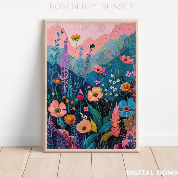 Bright Summer Wildflower Painting Art Print | Colorful Floral Botanical Landscape Flower Garden Printable Wall Art JPG Digital Download