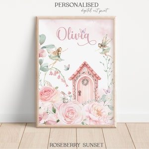 Personalized Fairy Name Sign Fairy Garden Watercolor Art | Soft Pink Floral Fairy Enchanted Forest Nursery Art Print JPG Digital Download