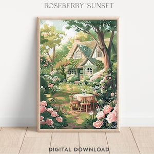 Impresión artística de pintura de jardín de rosas rosadas de cabaña de primavera / Acogedor jardín de rosas de cabaña de campo, arte imprimible de estilo cottagecore, descarga digital JPG