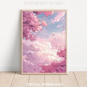 Pink Sakura Sky Spring Cherry Blossoms Anime Style Art Print | Sky View Sakura Tree Japanese Landscape Printable Art JPG Digital Download
