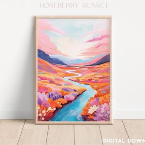 Impresión artística de un río de pradera rosa y naranja: Pintura abstracta de un colorido paisaje primaveral (descarga digital)