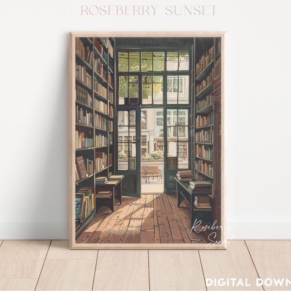 Vintage Bookshop Art Print: Book Nook Bookstore Book Lovers Anime Style Painting (Digital Download)