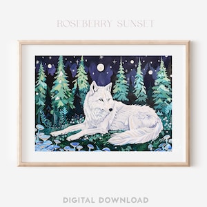 Impresión artística de pintura de vida silvestre de lobo blanco de noche estrellada / Bosque oscuro encantado, lobo blanco, arte de pared imprimible para guardería, descarga digital JPG