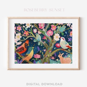 Colorful Birds Rabbit Apple Blossom Tree Painting Art Print | Birds Spring Blossoms Floral Maximalist Printable Art JPG Digital Download