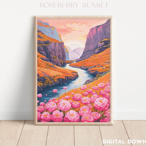 Mountain Sunset Orange Meadow Pink Wildflower Landscape Art Print | Mountain Sunset Pink Floral Landscape Printable Art JPG Digital Download