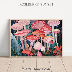 Rosa Pilz verzauberter Wald Malerei Kunstdruck | Botanische Pilz Poster Magischer Pilz Wald druckbare Kunst JPG Digital Download
