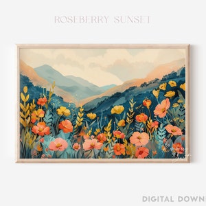 Pink Orange Yellow Wildflower Mountain Landscape Art Print | Sunset Tones Spring Summer Mountain Flower Printable Art JPG Digital Download