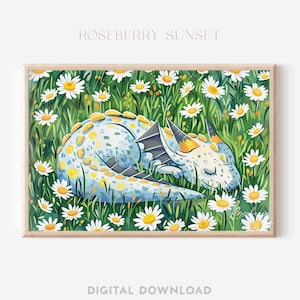 Sleepy Baby Dragon Daisy Wildflower Painting Art Print | Floral Cute Dragon Children&#39;s Fairytale Nursery Printable Art JPG Digital Download