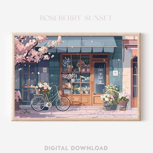 Sakura Street Flower Shop Anime Style Art Print | Kyoto Flower Shop Cherry Blossoms Spring Cityscape Printable Wall Art JPG Digital Download