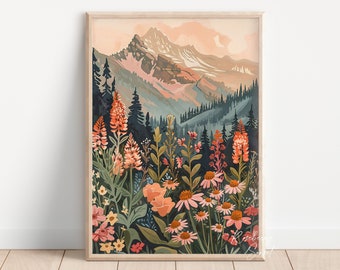 Orange Pink Daisy Mountain Wildflower Landscape Art Print | Sunset Tones Mountain Pink Orange Flower Printable Art JPG Digital Download
