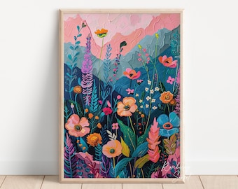 Helle Wildblumen Kunst Druck: Buntes Blumenbild Botanische Landschaft Blumenmalerei (Digitaler Download)