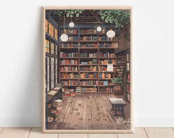 Vintage Bookshop Art Print: Bookstore Library Book Lovers Reading Anime Style Painting (Digital Download)