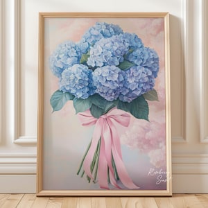 Blue Hydrangea Coquette Bow Painting Art Print | Vintage Floral Pink Bow Hydrangea Trendy Coquette Flower Printable Art JPG Digital Download