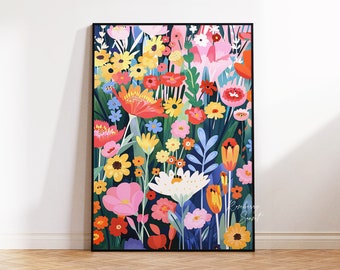 Bunter Frühling Wildblumen Kunstdruck: Maximalistisches Blumenbild (Digitaler Download)