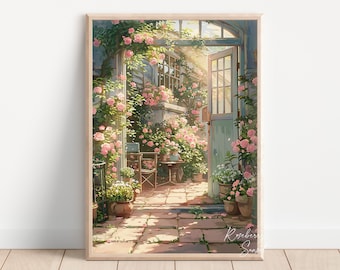 Floral Cottage Front Porch Art Print: Pink Rose Flower Garden Cottagecore Poster (Digital Download)