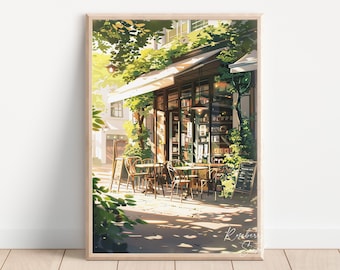 May include: A digital illustration of a cafe with a green awning and outdoor seating. The cafe is surrounded by lush greenery and the sun is shining brightly. The text "Roseberry Sunset" is at the top of the image.