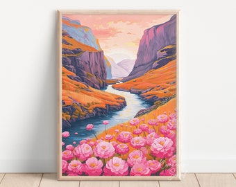 Impresión artística de flores silvestres rosas de un prado naranja: Pintura de paisaje floral rosa con atardecer en la montaña (descarga digital)
