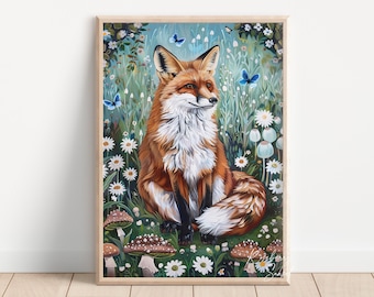 Woodland Fox Butterflies Daisy Mushrooms Painting Art Print | Spring Floral Fox Woodland Nursery Printable Wall Art JPG Digital Download