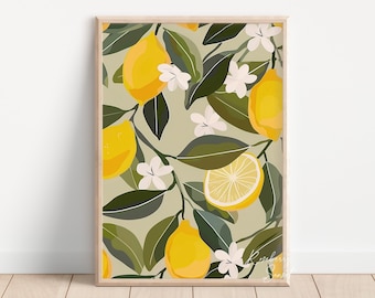 Impressão de arte de limão: pôster de mercado de frutas cítricas botânicas boho com pintura de limões (download digital)