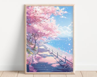Coastal Sakura Tree Art Print: Cherry Blossoms Spring Seascape Japanese Anime Poster (Digital Download)