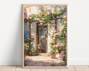 Floral Cottage Front Porch Art Print: Pink Rose Flower Garden Cottagecore Poster (Digital Download)