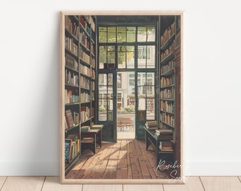 Stampa artistica di una libreria vintage: dipinto in stile anime con amanti dei libri della libreria Book Nook (download digitale)